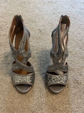 Women’s Silver Glitter Open-Toe High Heels Size 7